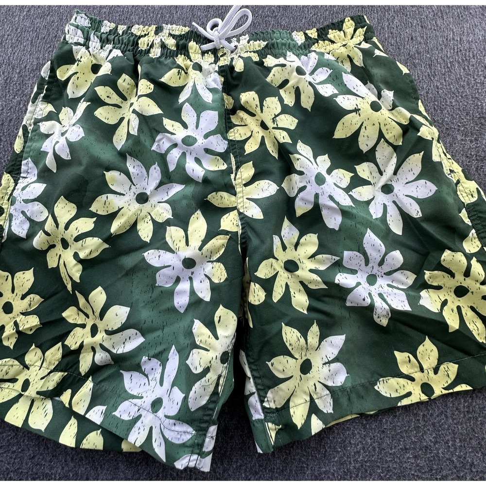 Trunks Swim Shorts Men's Large Green Yellow Floral Quick Dry Elastic Waist